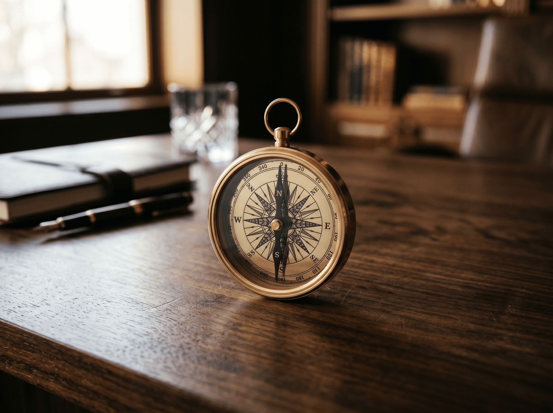 A brass compass on a walnut desk, symbolising precision